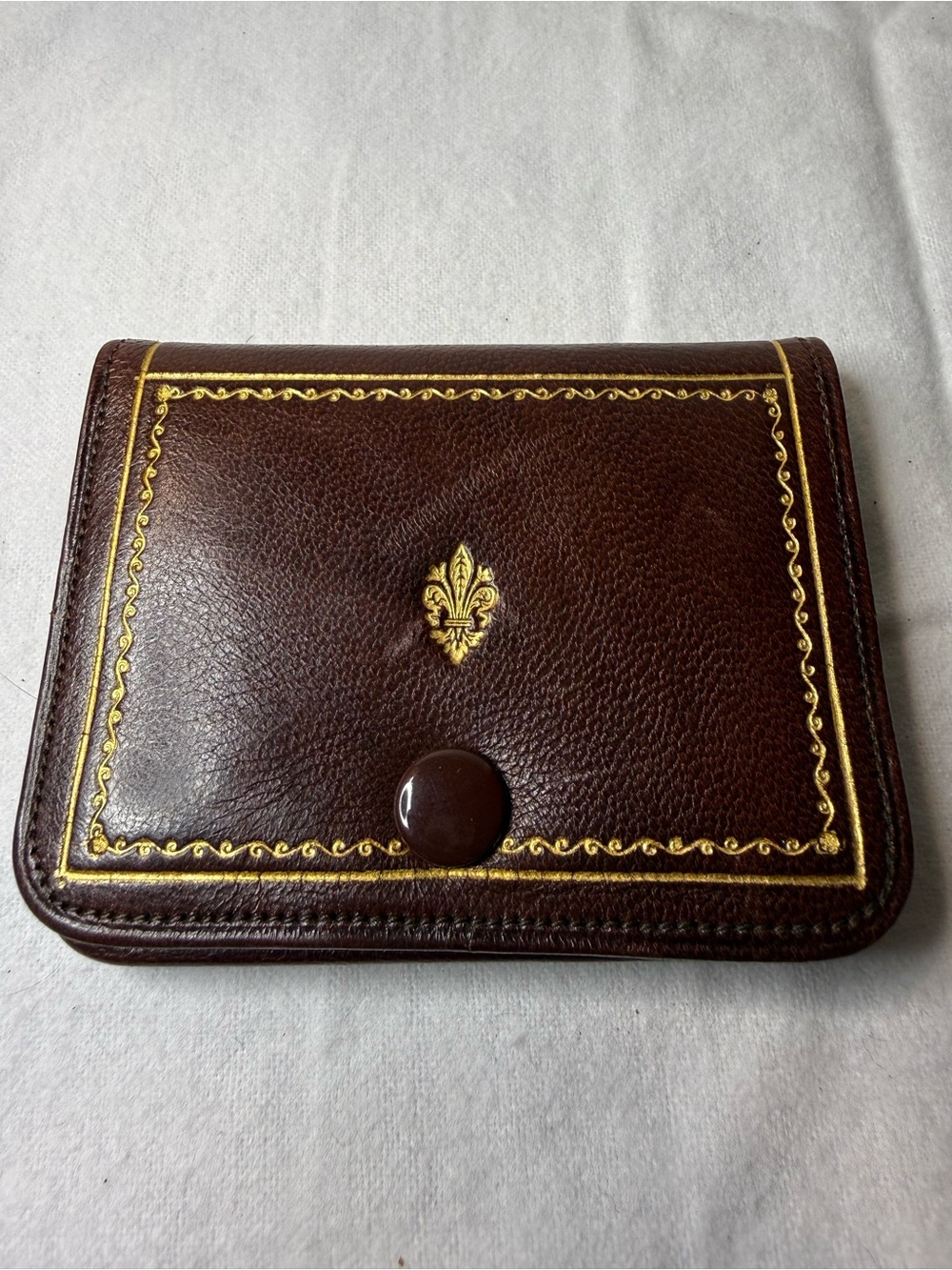 Vintage Made in Italy Leather Coin Purse Brown Gold Fleur-de-Lis Snap Wallet